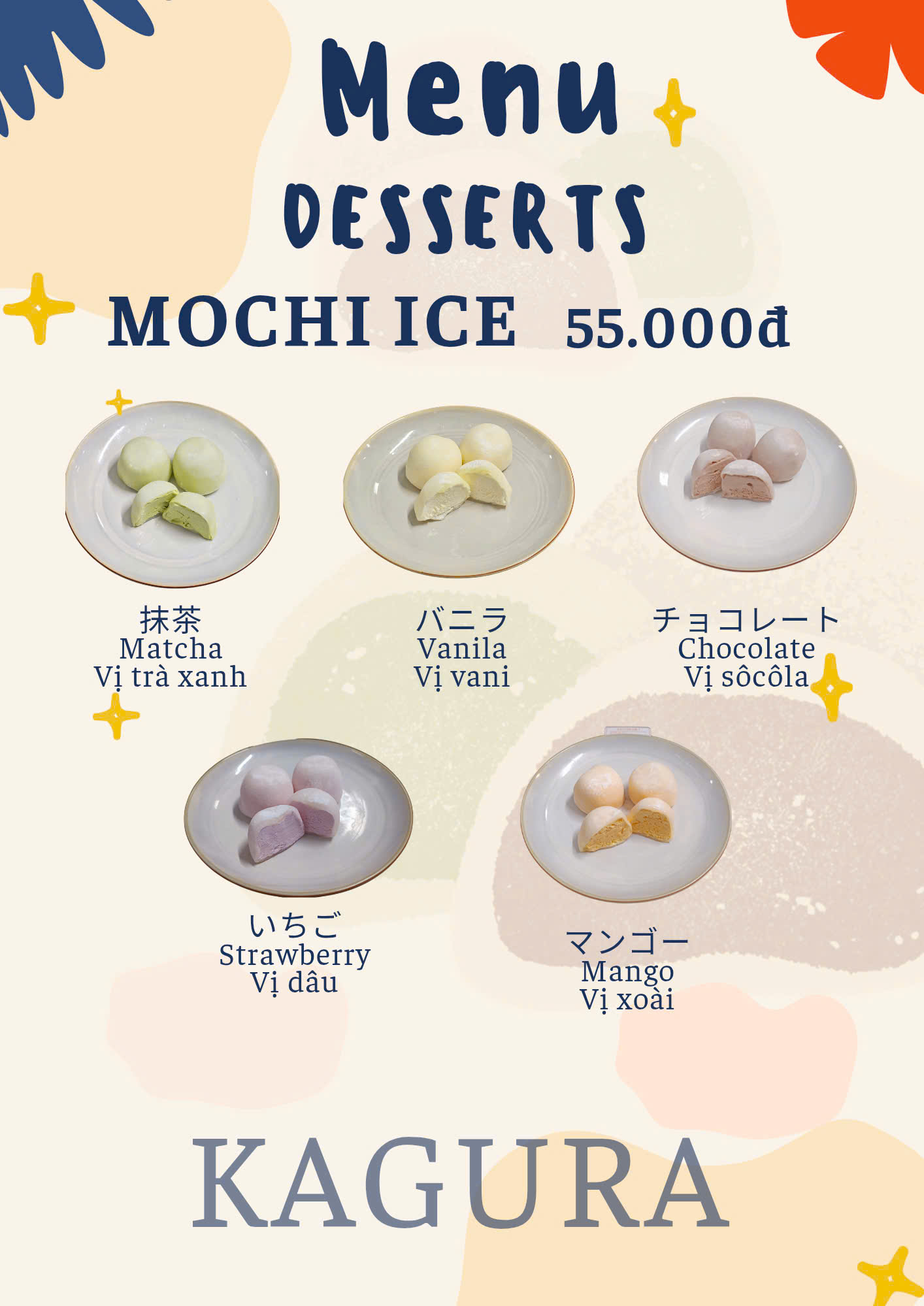 Menu tráng miệng tại Kagura Ramen 25 Láng Hạ gồm mochi ice vị matcha, vani, socola, dâu và xoài